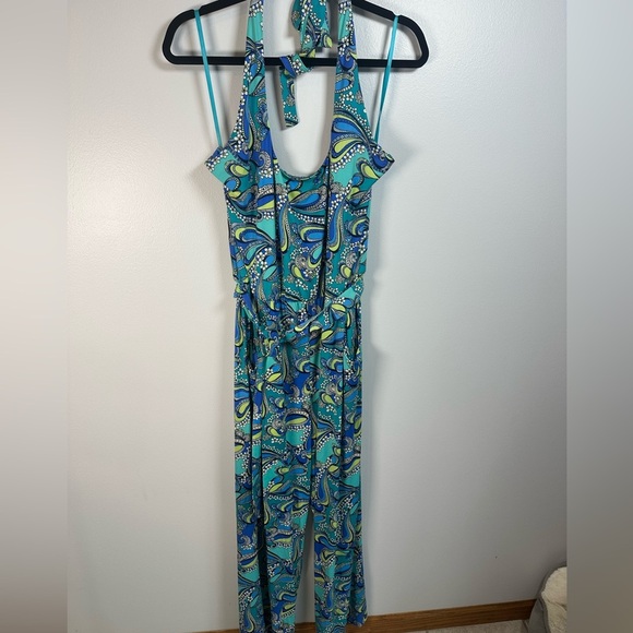 Nikki Poulos Pants - Green and Blue Jumpsuit with Paisley Print and Fitted Bodice Size 1x